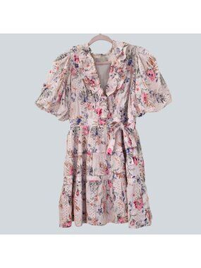 Dance Marvel Floral Eyelet Tiered Mini Dress L Puff Sleeve Ruffle Cottagecore